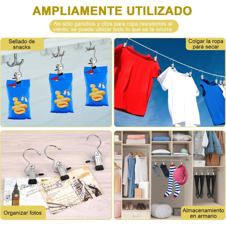 Pinzas de Acero Inoxidable con Gancho para Ropa - Organizador Portátil para Armario