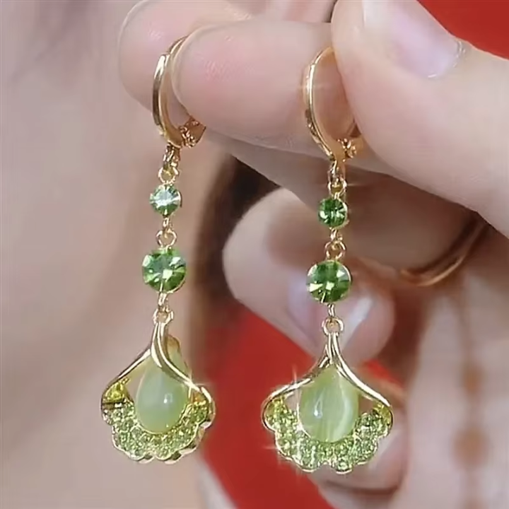 Pendientes de Borlas de Ópalo con Diamantes de Imitación Verdes