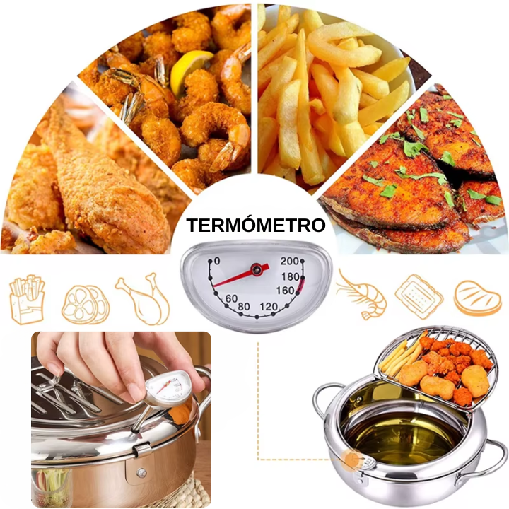 Olla Japonesa para Freír con Termómetro y Tapa – Acero Inoxidable 304 de Alta Calidad