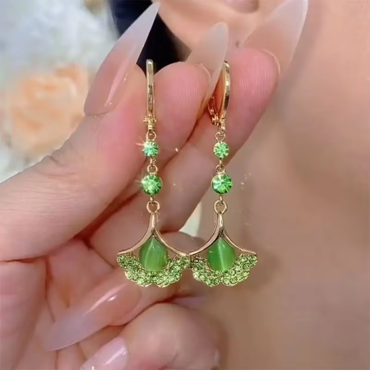 Pendientes de Borlas de Ópalo con Diamantes de Imitación Verdes