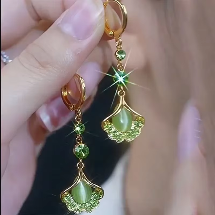 Pendientes de Borlas de Ópalo con Diamantes de Imitación Verdes