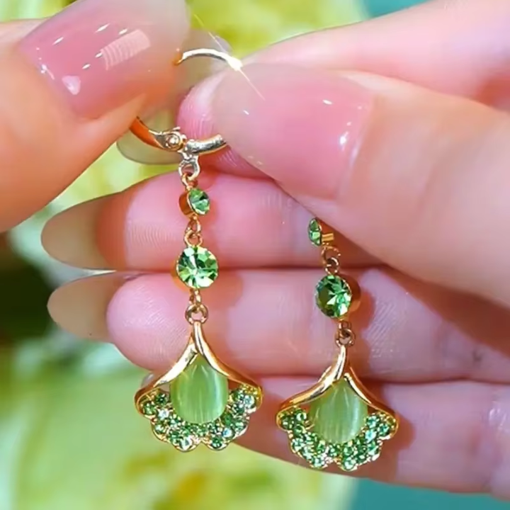 Pendientes de Borlas de Ópalo con Diamantes de Imitación Verdes